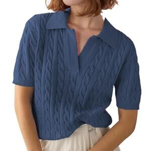 NWT ~ Blue Short Sleeve Lightweight Soft Cable Knit Polo Sweater ~ Women's XL